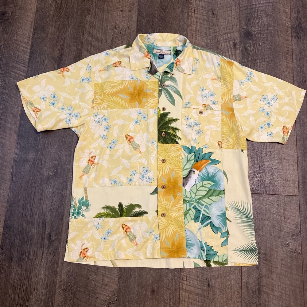 Tommy Bahama Silk Hawaiian Hula Dancer Undercover Man Button Up Shirt Yellow L